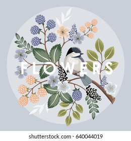  Vector illustration with a cute bird on a floral branch in spring for Wedding, anniversary, birthday and party. Design for banner, poster, card, invitation and scrapbook 