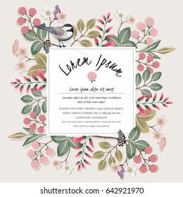  Vector illustration with a cute bird on a floral branch in spring for Wedding, anniversary, birthday and party. Design for banner, poster, card, invitation and scrapbook 