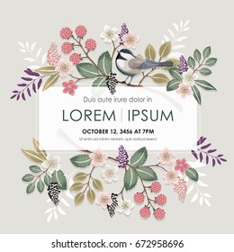 Vector illustration with a cute bird on a floral branch in spring for Wedding, anniversary, birthday and party. Design for banner, poster, card, invitation and scrapbook 