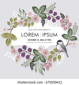  Vector illustration with a cute bird on a floral branch in spring for Wedding, anniversary, birthday and party. Design for banner, poster, card, invitation and scrapbook 