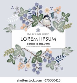  Vector illustration with a cute bird on a floral branch in spring for Wedding, anniversary, birthday and party. Design for banner, poster, card, invitation and scrapbook 