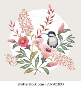  Ilustración vectorial con un pájaro lindo en una rama floral en primavera para matrimonio, aniversario, cumpleaños y fiesta. Diseño para banner, afiche, tarjeta, invitación y libro de texto 