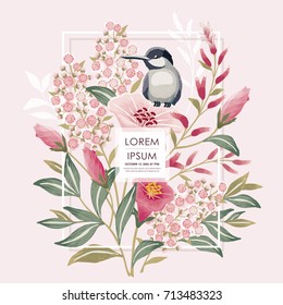  Ilustración vectorial con un pájaro lindo en una rama floral en primavera para matrimonio, aniversario, cumpleaños y fiesta. Diseño para banner, afiche, tarjeta, invitación y libro de texto 