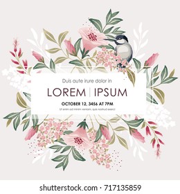  Vector illustration with a cute bird on a floral branch in spring for Wedding, anniversary, birthday and party. Design for banner, poster, card, invitation and scrapbook 