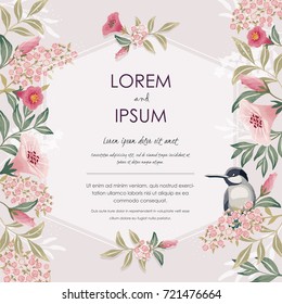  Vector illustration with a cute bird on a floral branch in spring for Wedding, anniversary, birthday and party. Design for banner, poster, card, invitation and scrapbook 