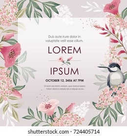  Vector illustration with a cute bird on a floral branch in spring for Wedding, anniversary, birthday and party. Design for banner, poster, card, invitation and scrapbook 