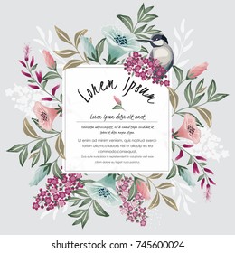  Vector illustration with a cute bird on a floral branch in spring for Wedding, anniversary, birthday and party. Design for banner, poster, card, invitation and scrapbook 