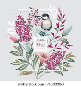  Vector illustration with a cute bird on a floral branch in spring for Wedding, anniversary, birthday and party. Design for banner, poster, card, invitation and scrapbook 