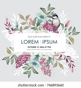  Vector illustration with a cute bird on a floral branch in spring for Wedding, anniversary, birthday and party. Design for banner, poster, card, invitation and scrapbook 
