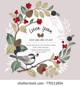  Vector illustration with a cute bird on a branch in winter for Wedding, anniversary, birthday and party. Design for banner, poster, card, invitation and scrapbook 