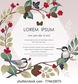 Vector illustration with a cute bird on a branch in winter for Wedding, anniversary, birthday and party. Design for banner, poster, card, invitation and scrapbook
