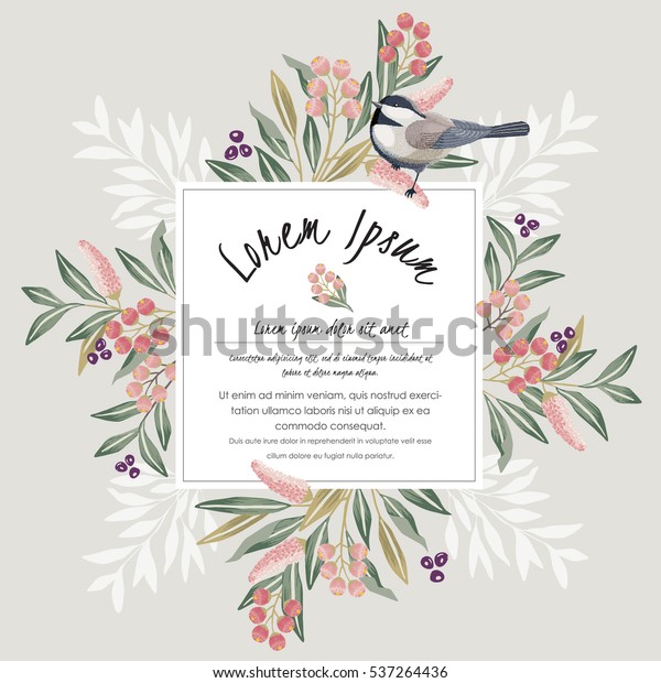 春に花の枝にかわいい鳥と結婚式 記念日 誕生日 パーティー用のベクターイラスト バナー ポスター カード 招待状 スクラップブックのデザイン のベクター画像素材 ロイヤリティフリー