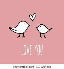 vector illustration of a cute birds couple in love, with simple heart on pink background, perfect for wedding, valentine's day or a lovely happy anniversary card