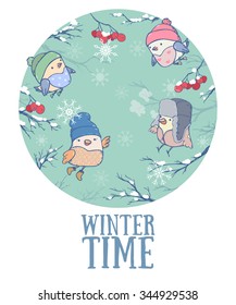 Vector illustration with cute birds in a knitted cap, snowflakes and tree branches. Winter holidays.