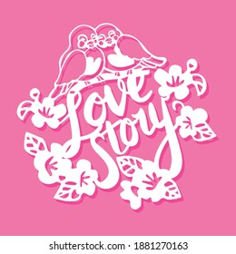 A vector illustration of cute birds love story flowers paper cut.