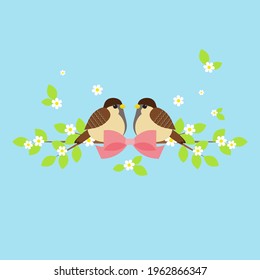 Ilustración vectorial con pájaros lindos en una rama floral en primavera para Bodas, Aniversario, cumpleaños y fiesta. Diseño de banner, afiche, tarjeta, invitación y libro de recortes