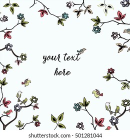 Vector illustration of cute birds on the twigs on white background