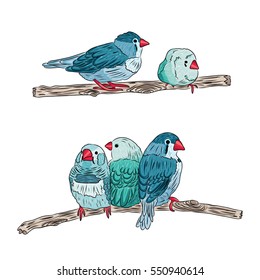 vector illustration of cute birds sitting on tree branches. EPS