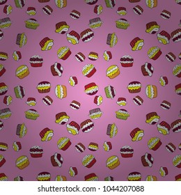 Vector illustration. Cute birthday background on pink, white and yellow. Sweets background design. Pale pink, white and yellow seamless pattern with cupcakes.