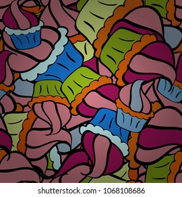Vector illustration. Cute birthday background on pink, black, purple, blue and orange. Sweets background design. Pale pink, black, purple, blue and orange seamless pattern with cupcakes.