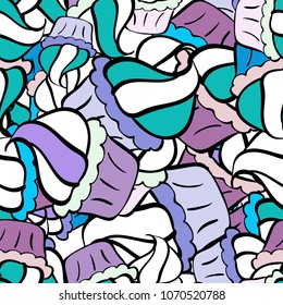 Vector illustration. Cute birthday background on white, neutral, black, blue and violet. Cupcake seamless pattern. Wrapping paper. Sweets background design.