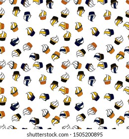 Vector illustration. Cute birthday background on white, black and yellow. Seamless background cakes. Seamless pattern. Watercolor illustration. Cupcake, macaron, shortbread.
