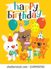 Vector illustration of cute birthday bunny, bear, and cat