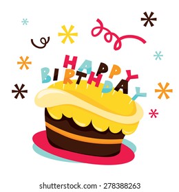 A vector illustration of a cute birthday cake with happy birthday decorations.