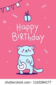 Vector illustration of a cute birthday card with happy cat with empty plate and spoon, flag garland, present and text on red background. Hand drawn flat line art style for invitation, greeting card