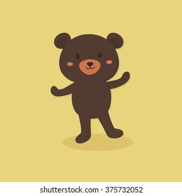 Vector illustration of cute black bear cartoon character standing in gold background. 