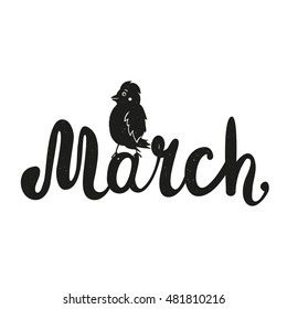 Vector illustration with cute black bird and lettering word - March. Spring typography poster with vintage texture and cute animal