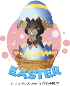 Vector illustration of a cute black bunny inside a blue egg shell within a basket