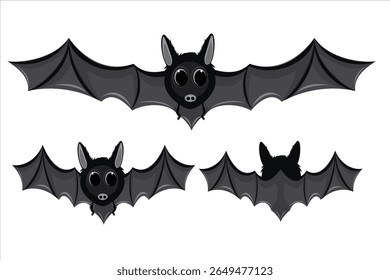 Vector Illustration of Cute Black Cartoon Bats with Spread Wings. This artwork is ideal for Halloween designs, educational materials, themed decorations, and digital graphics.