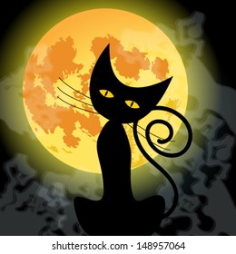 Vector illustration of a cute black cat in front of the full Moon - Halloween concept