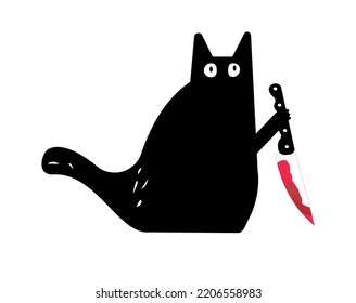 Ilustración vectorial. Cuidado gato negro con cuchillo, pegatina para halloween