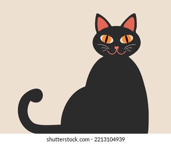 Vector illustration of a cute black cat with yellow eyes. Hand drawn poster. Isolated clipart.