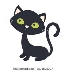 vector illustration of cute black cat with green eyes, halloween card in flat style