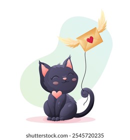 Vector illustration of a cute black cat with a heart on its chest, holding a winged envelope like a balloon, in cartoon style on a white background. Perfect for Valentine Day and romantic themes.
