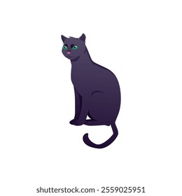 Vector illustration of a cute black cat with green eyes, pink nose and tail sitting on the side. Perfect for Halloween or decorating fun websites.