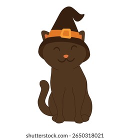 Vector illustration of a cute black cat wearing a witch hat. Fun and spooky Halloween character perfect for greeting cards, decorations, party invitations, and seasonal festive designs.