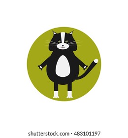 Vector illustration of a cute black cat in a circle colorful icon.