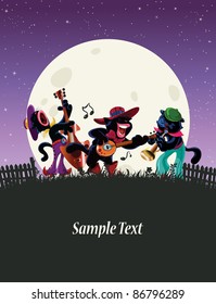 Vector illustration, cute black cat singing under moonlight, card concept.