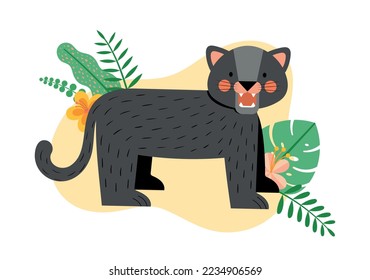 Vector illustration of a cute black panther with tropical leaves and flowers.