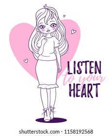 Vector illustration of a cute black and white girl with pink color heart on white background with text. Hand drawn flat line art style of romantic girl for web, site, card, poster