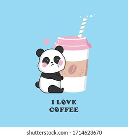 Vector illustration of cute black and white panda with closed eyes, paper glass of coffee, lettering I love coffee, kawaii anime style