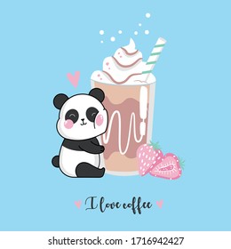 Vector illustration of cute black and white panda with closed eyes, glass of coffee with cream, chocolate topping, fresh strawberry, handwritten lettering I love coffee, kawaii anime style, free hugs