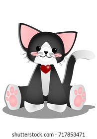 Vector illustration of cute black and white cat with pink cheek  and red heart necklace on white background. Vector illustration of animal cartoon character.