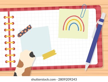 Vector illustration of a cute blank notebook background with sticky notes, a pen, and a cat's paw on a wooden table