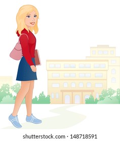 Vector illustration of a cute blond girl student at the school