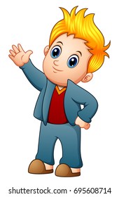 Vector Illustration Of Cute Blonde Boy Waving Hand